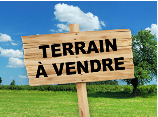 Wooden sign with black text reading 'Terrain a vendre' in front of a green field
