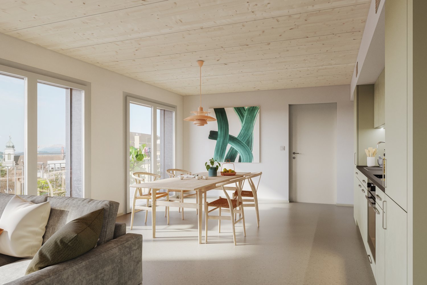 Open floor plan with large windows, a wooden table with chairs, a couch with pillows, wooden ceiling, a kitchen area with an oven and a sink, and a hanging lamp.