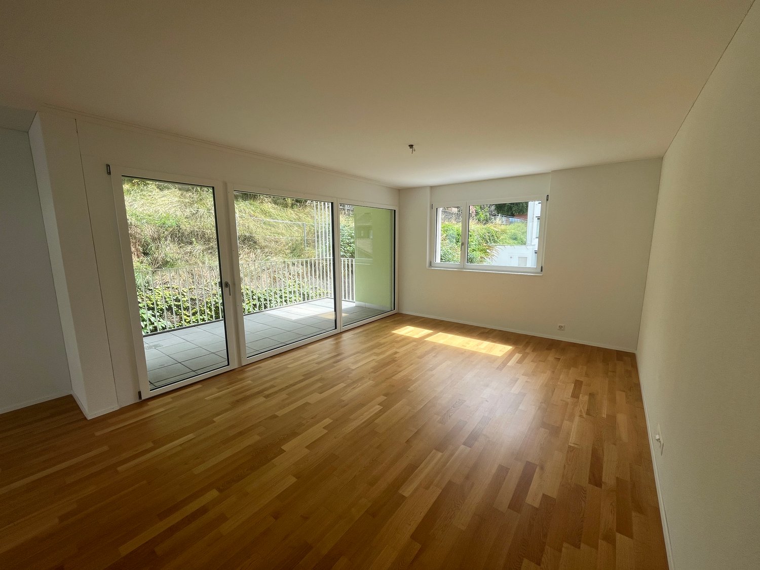sliding glass doors, balcony, hardwood floors, white walls