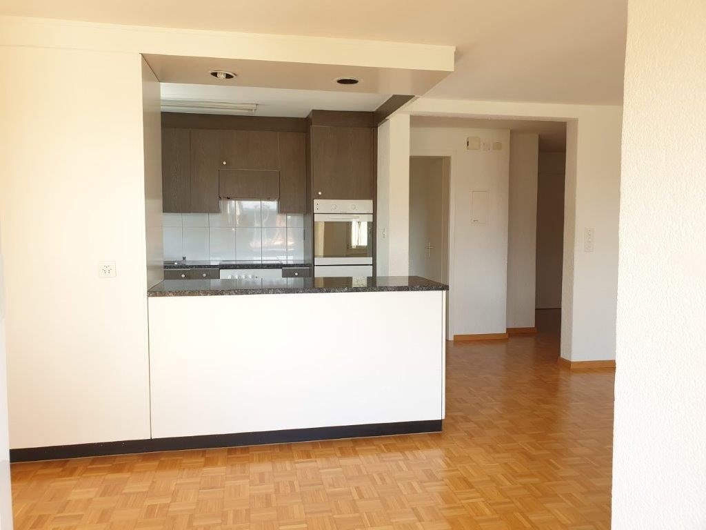 kitchen with wooden floor, modern cabinets, electric stove, oven, large kitchen island, white walls