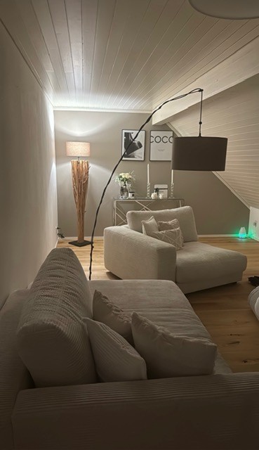 2 sofas, pillows, white walls, wooden floor, ceiling lamp, floor lamp, side table, flowers