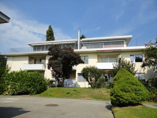 3 story building, white exterior, balconies, fenced area, large windows, trees, grass