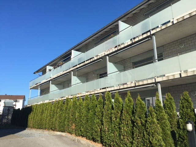 Multi-storey building with balconies, brick wall, glass fencing, greenery in front