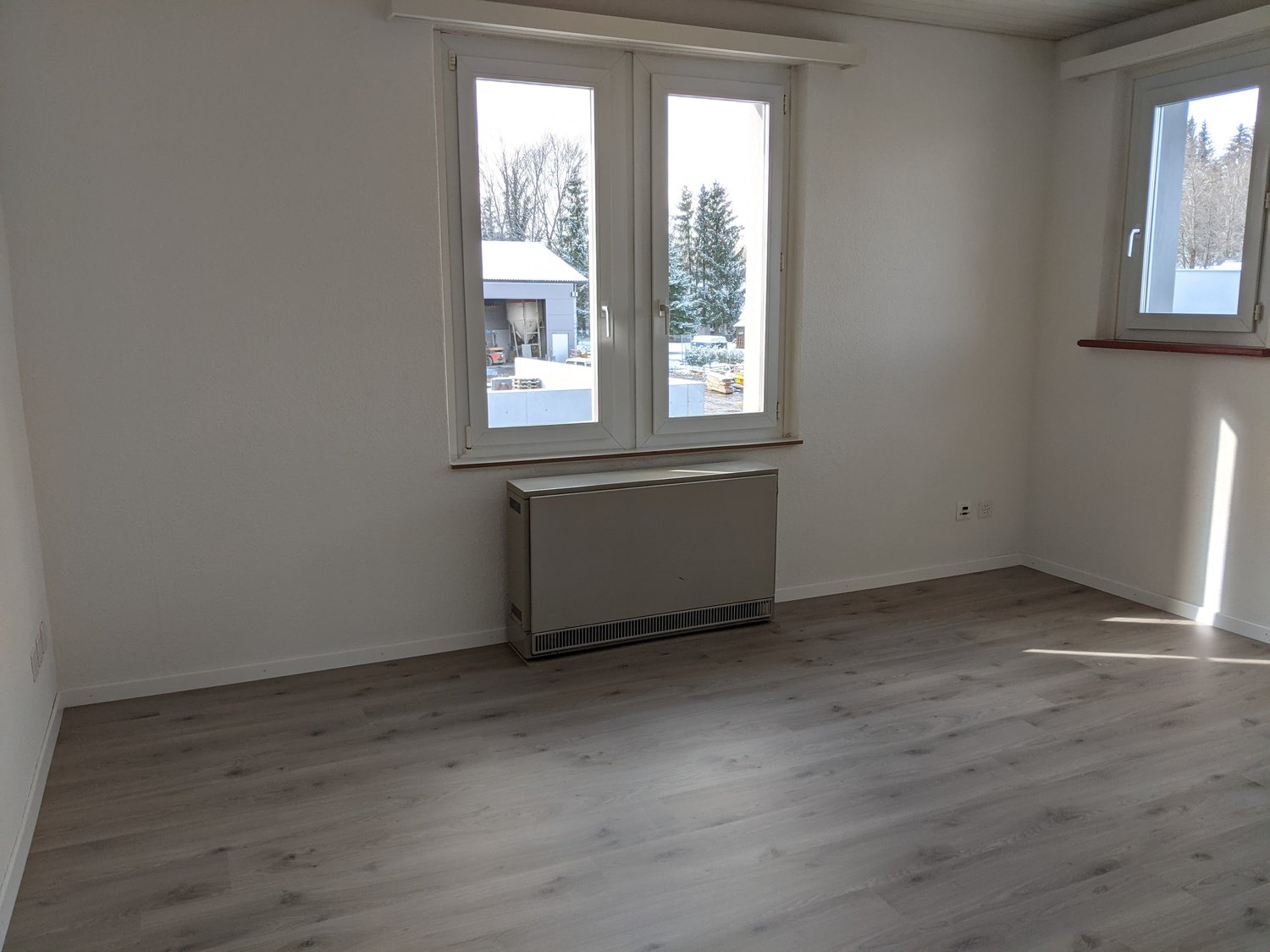 This image shows a spacious room with large windows overlooking a snowy outdoor scene. The room has a light gray color scheme, with hardwood-style flooring and a heating unit installed along the wall. The room appears to be empty, ready for furnishing and