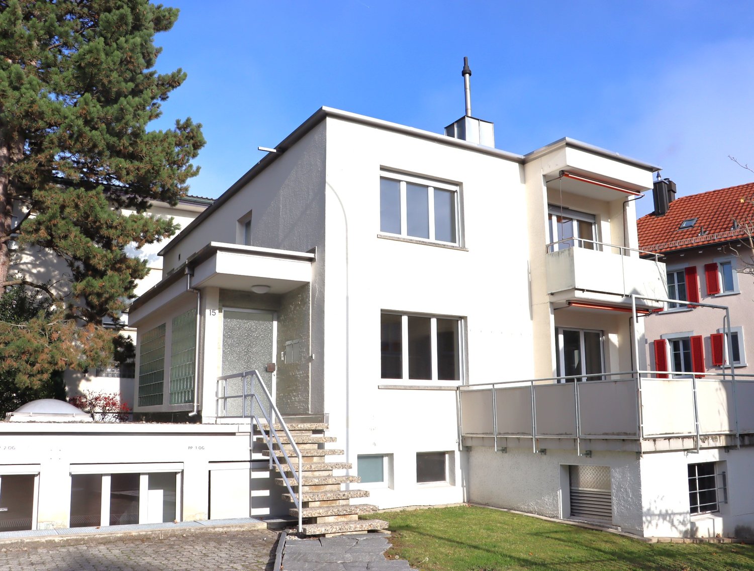 modern design white house, balcony, glass windows, staircase