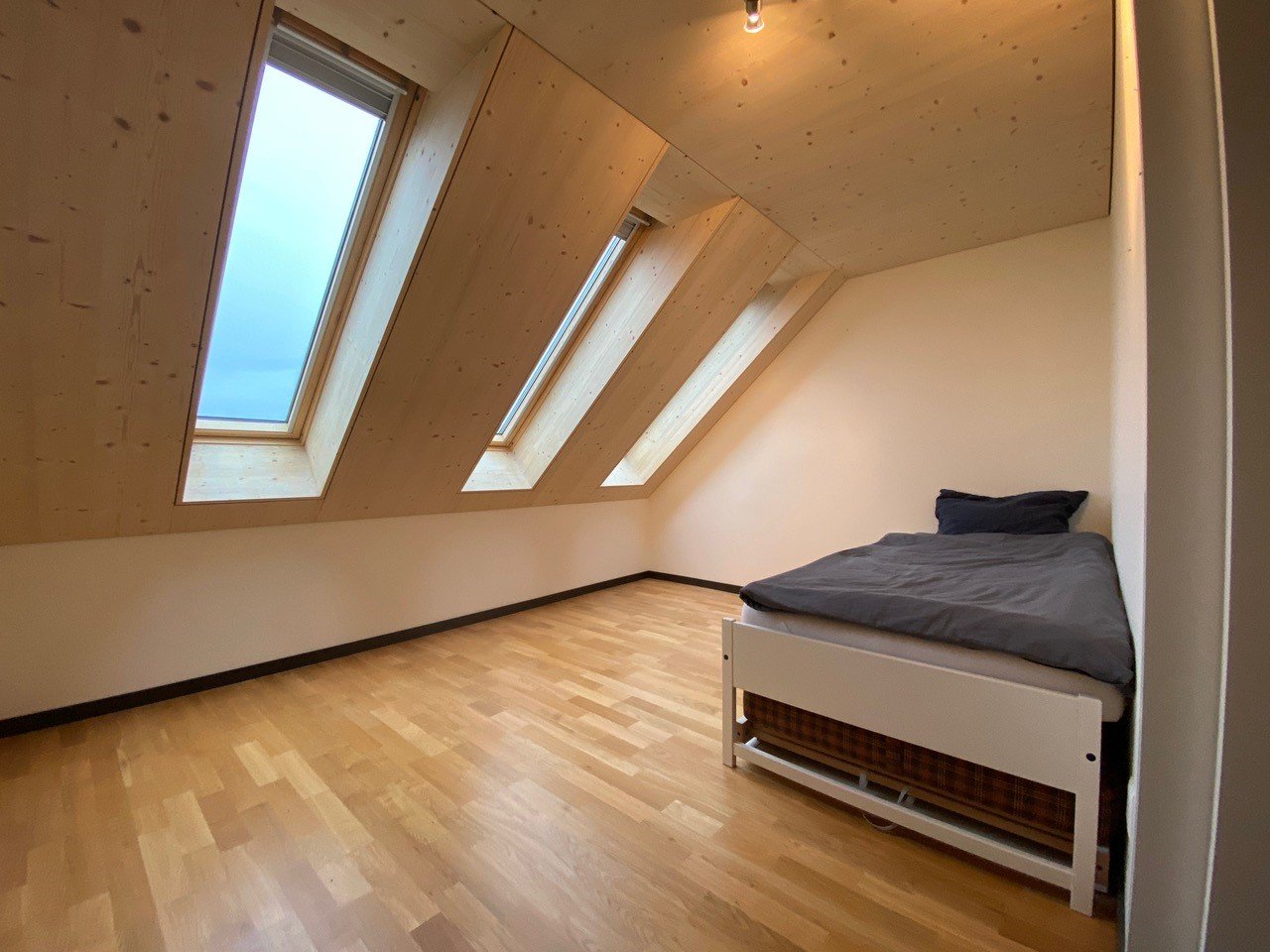 Small room, white bed, wooden floors, skylights, white walls