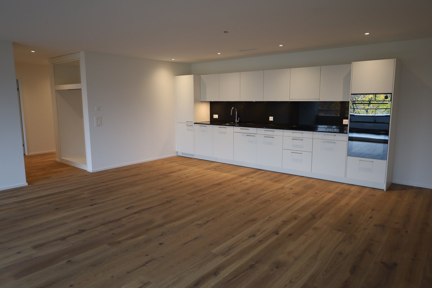 kitchen, hardwood floor, white cabinets, black countertops, stainless steel faucet, dishwasher, washing machine