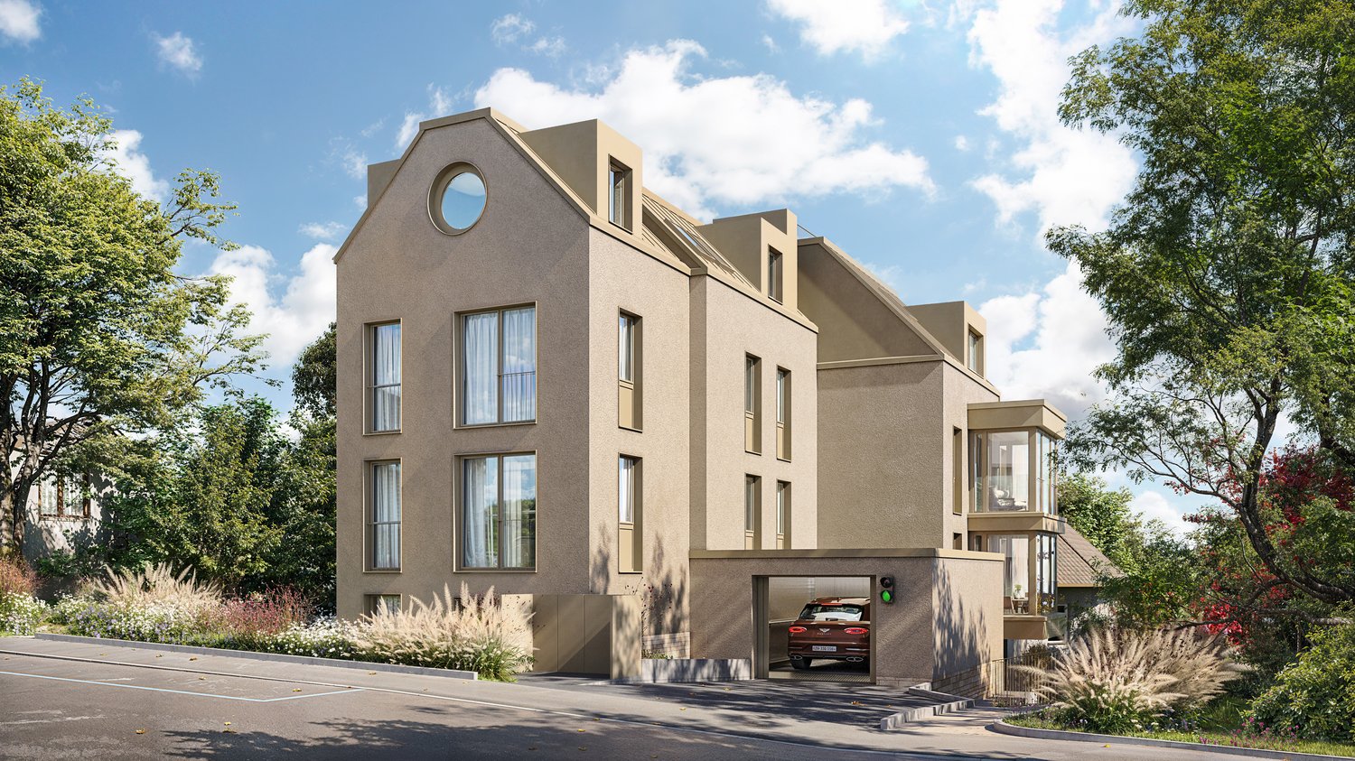 Modern 4 story building, beige paint, attached garage, glass windows, red car parked