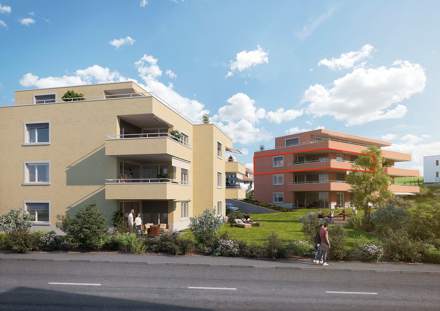 Multistory building with balconies, beige exterior, red outlined unit, garden area with loungers, greenery