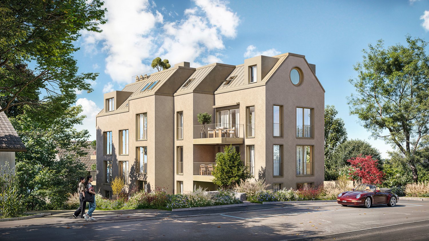 3 story house, beige exterior, multiple windows, balconies, circular window on the front