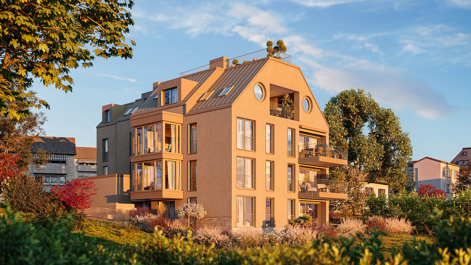 Modern apartment building, beige exterior, multiple balconies, circular windows, rooftop terrace, surrounded by greenery