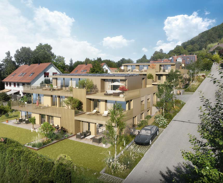 Apartment complex, 4-storey, large balconies, multiple solar panels, parking place, garden