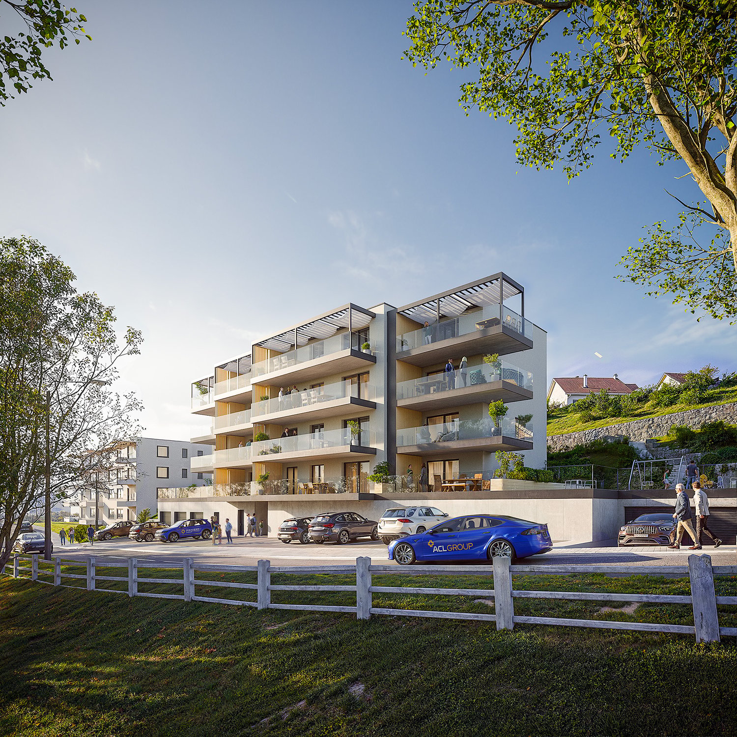 Multi-story apartment building, glass balconies, entrance with parking, modern design