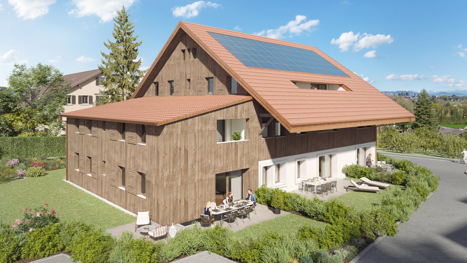 2 story house, brown wooden facade, solar panels on the roof, terrace, garden with outdoor furniture, driveway