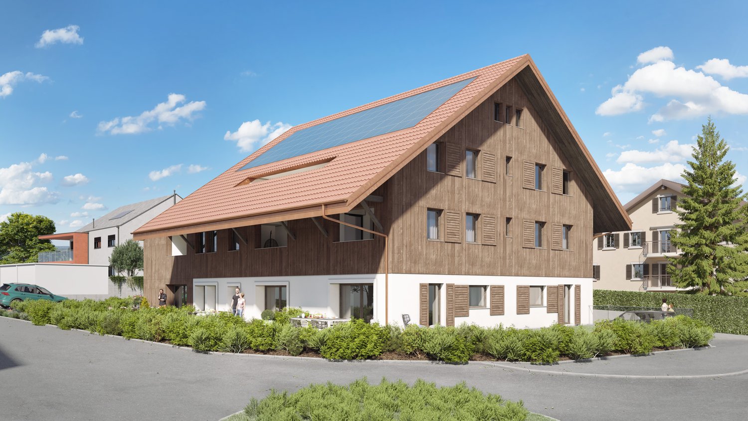 3 story house, solar panels, raised ground floor, landscaped front yard, landscaped rear yard, bushes, shrubs, driveway