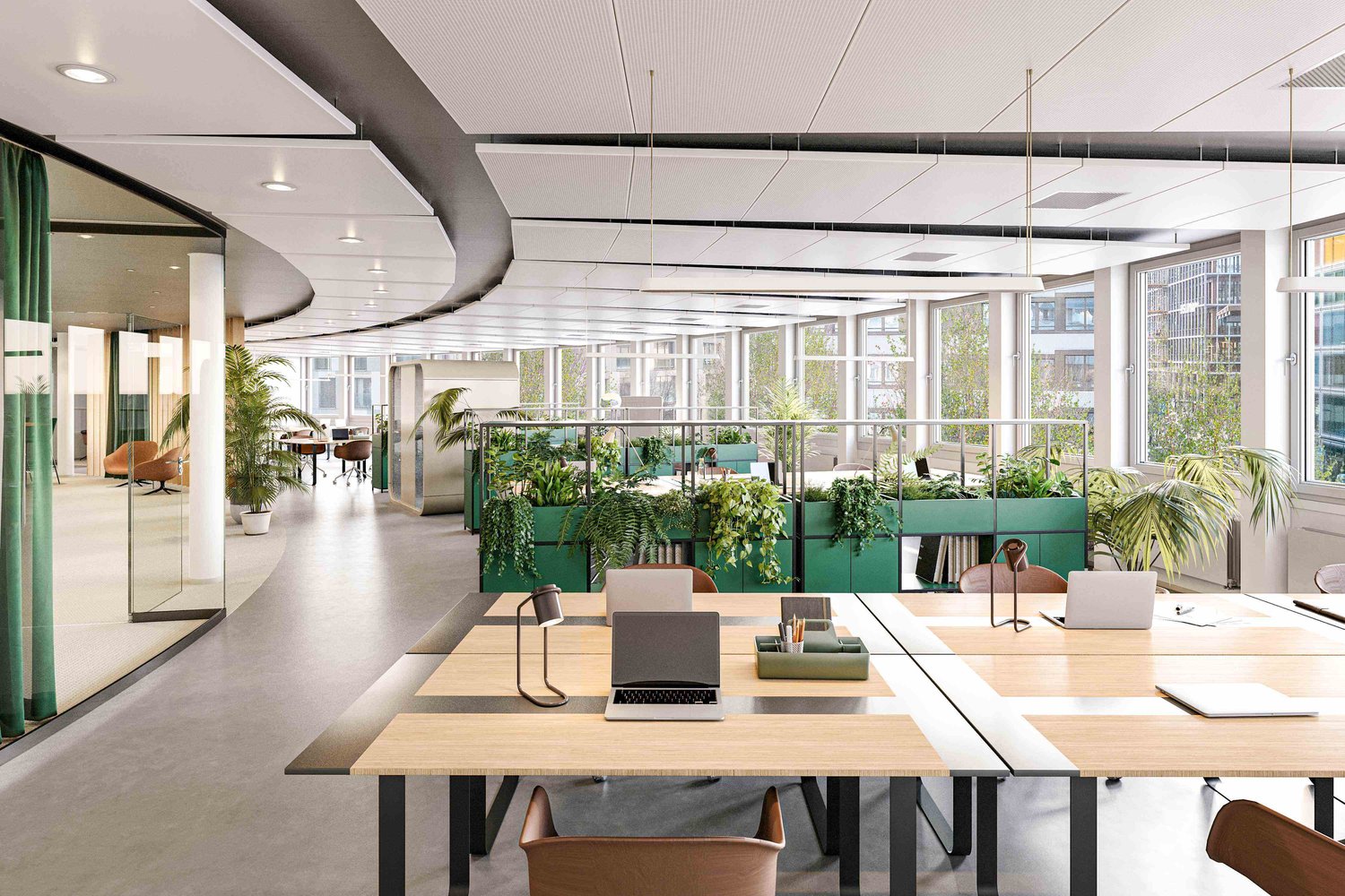 desks with laptop, office chair, pendant light, shelf with plants