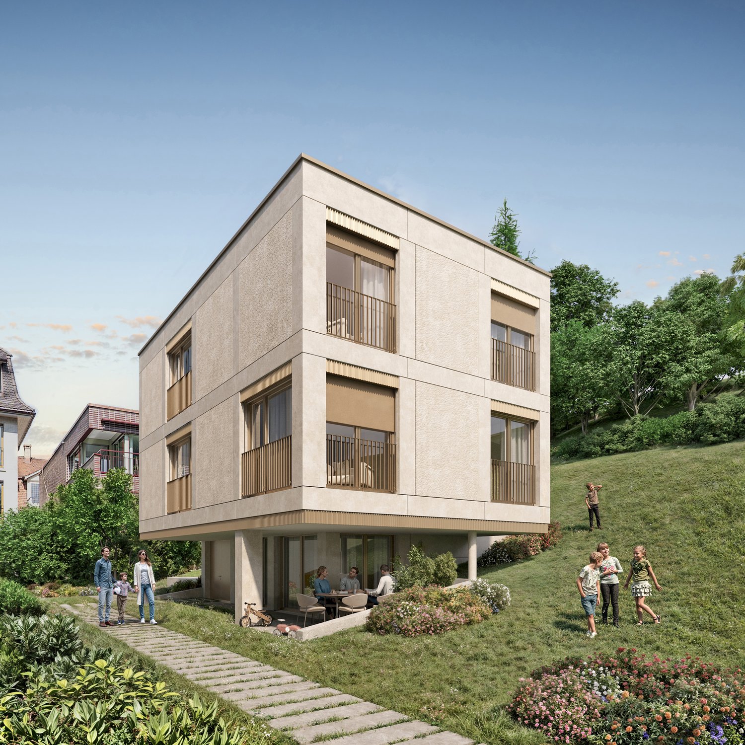 modern building, beige exterior, raised ground floor, terrace, multiple windows, outdoor seating area