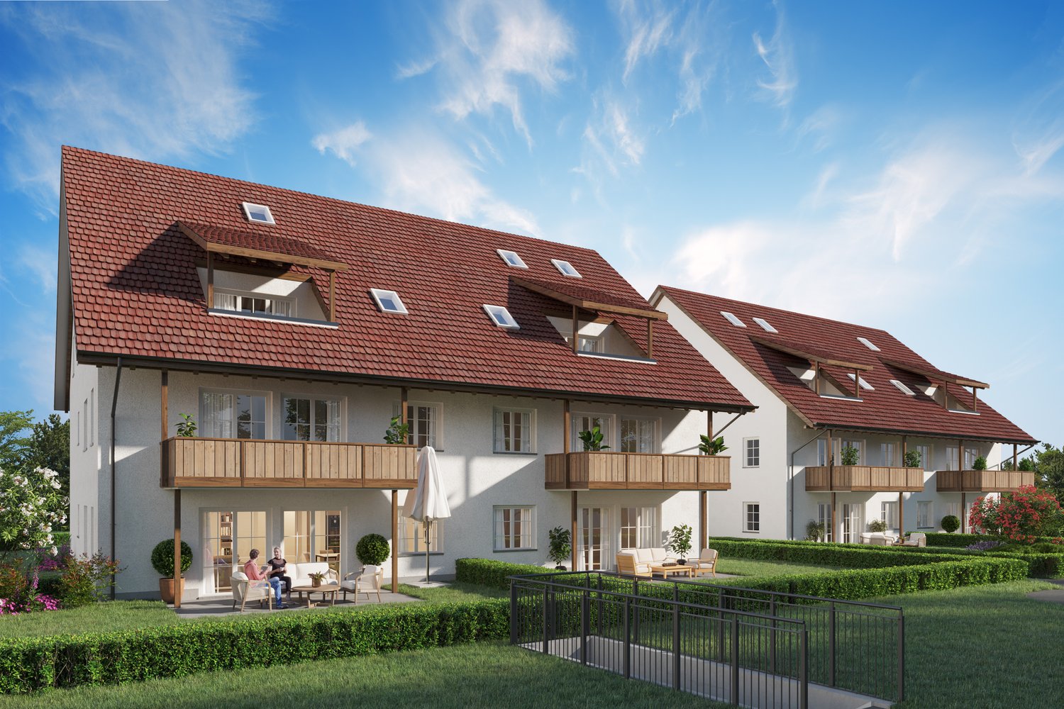 white building, red tile roof, multiple balconies, garden, greenery