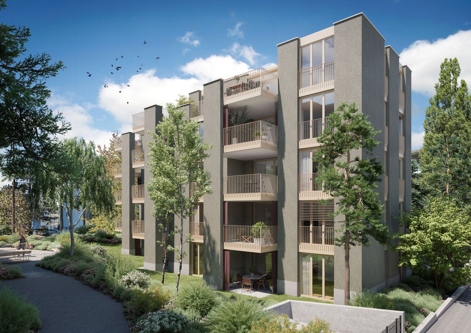 modern multi-story building, balconies on each floor, garden in front, several trees, paved pathway