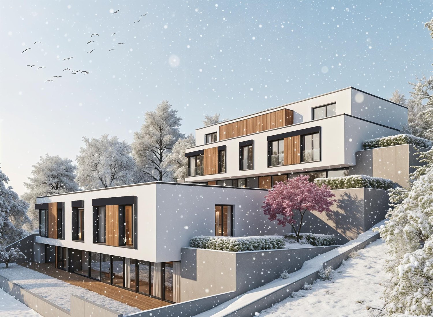 two story house, white exterior, wooden exterior elements, multiple glass doors, covered terrace, ground level, snowy surroundings