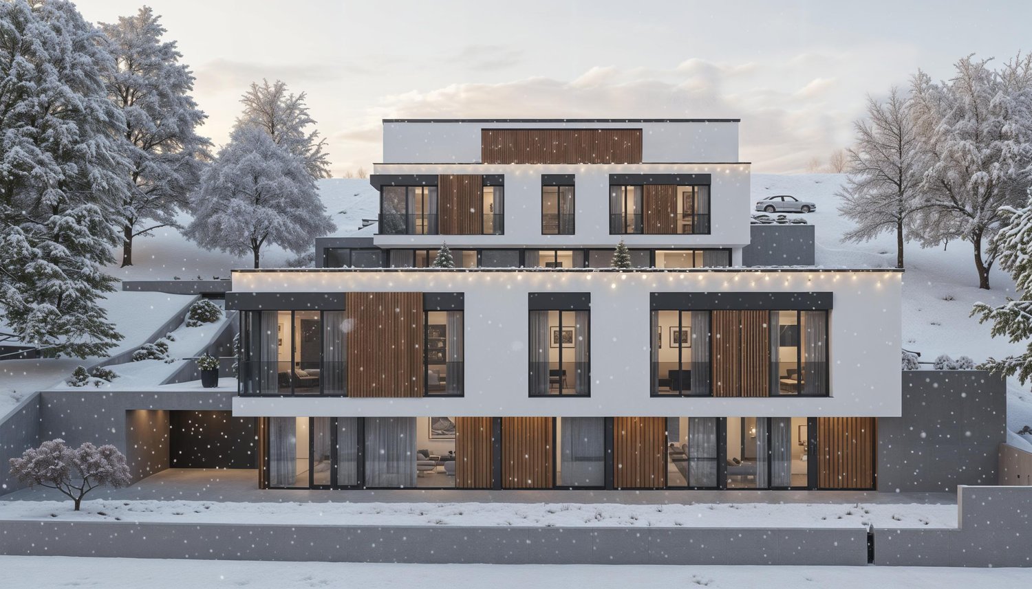 Modern house on hillside, three story with raised ground floor, white exterior, large windows, wooden accents, car parked in the driveway, snow-covered surroundings