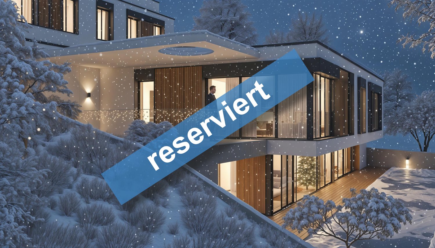 2-story modern house, wooden doors, glass walls, snow-covered ground, balcony with railings, terrace