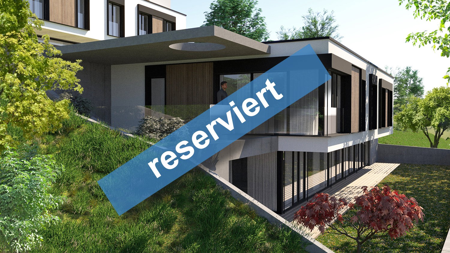 modern house, raised ground floor, balcony, large windows, modern design