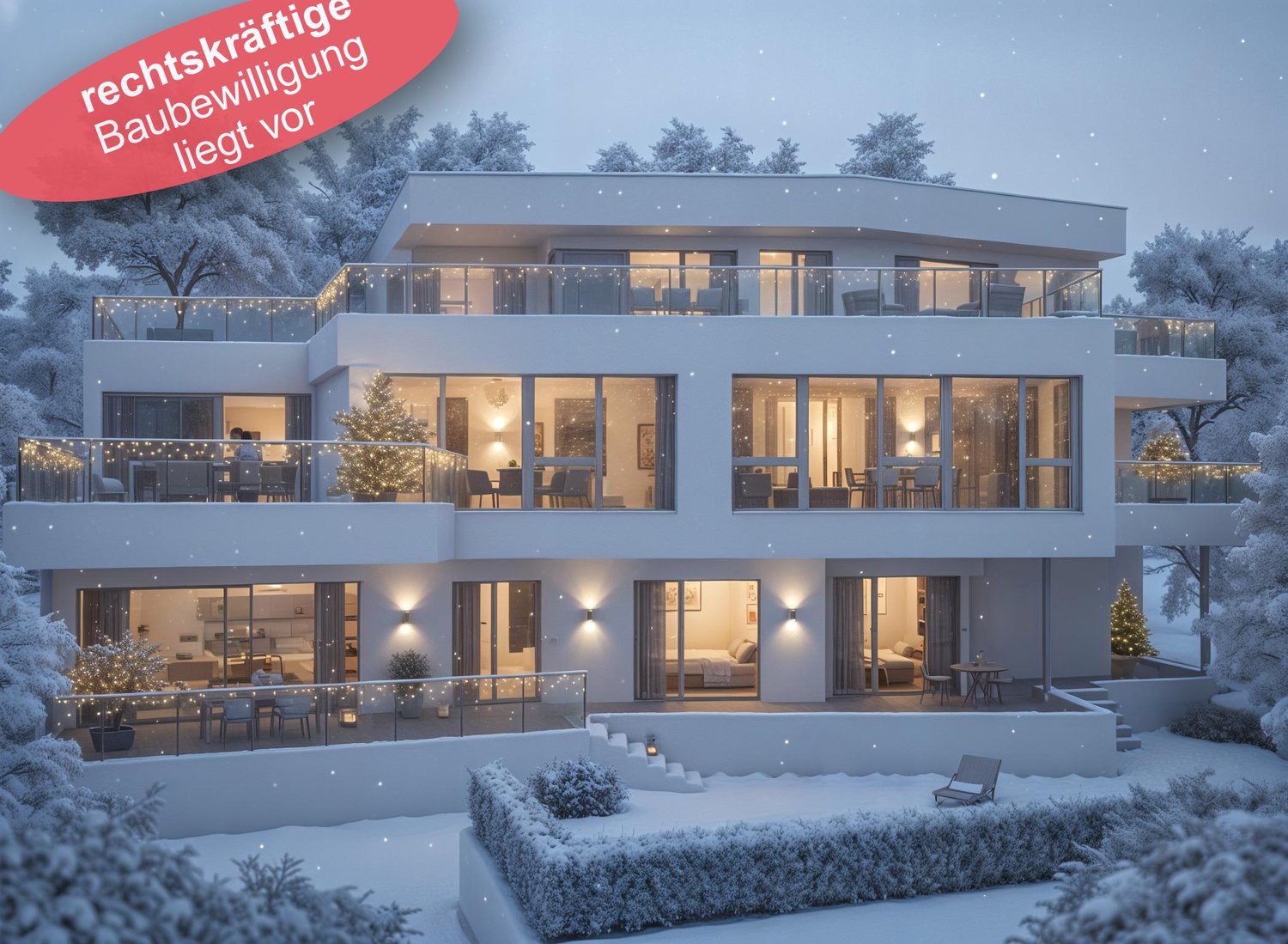 Modern multi-story house, white exterior, large windows, covered balcony, Christmas decorations, garden, white railing, illuminated entrance, glass doors.