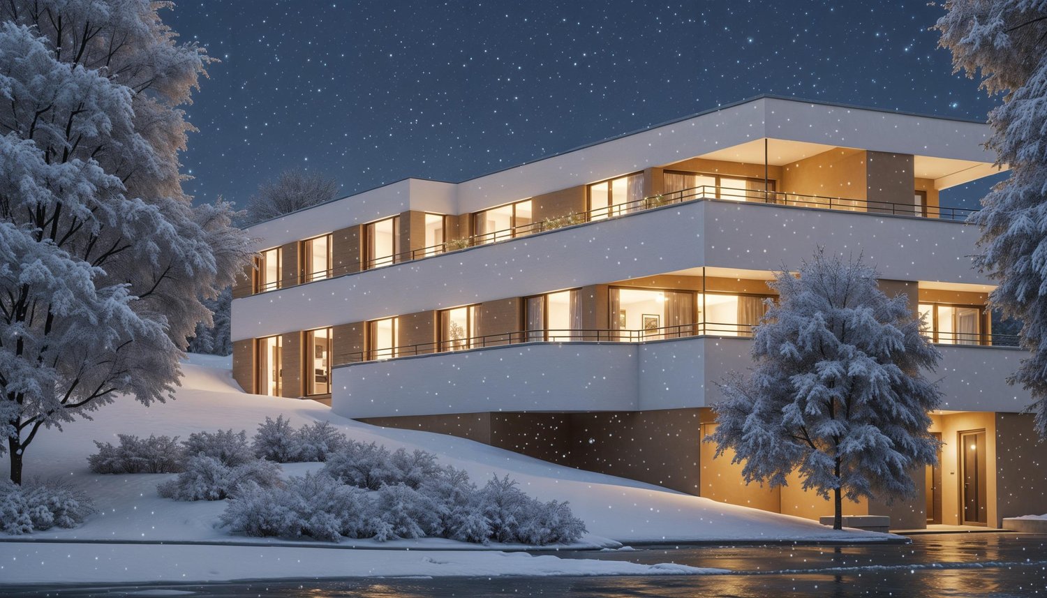Multi-story house, white exterior, multiple balconies, snow-covered surroundings