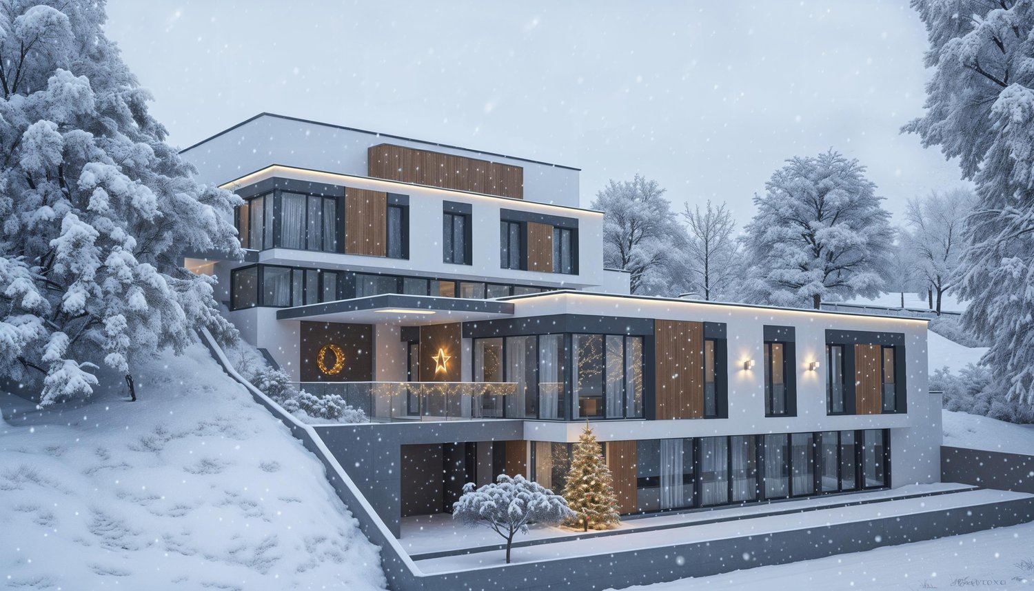 2 story modern house, white walls, wood panels, glass windows, balcony, Christmas decoration