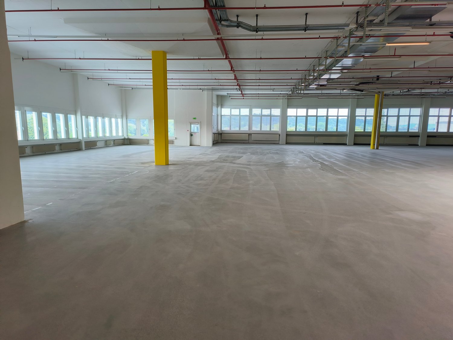 Empty warehouse with concrete floor, yellow pillars, large windows, white walls, and red pipes on the ceiling.