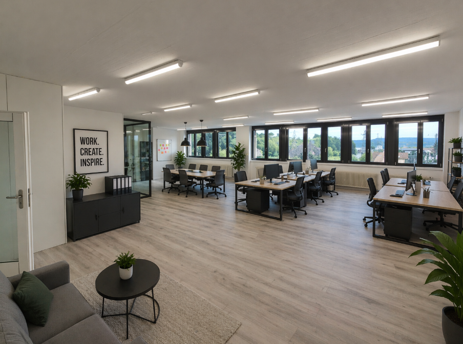 modern office space with wooden floors, large windows, desks, chairs, plants, motivational quote on wall