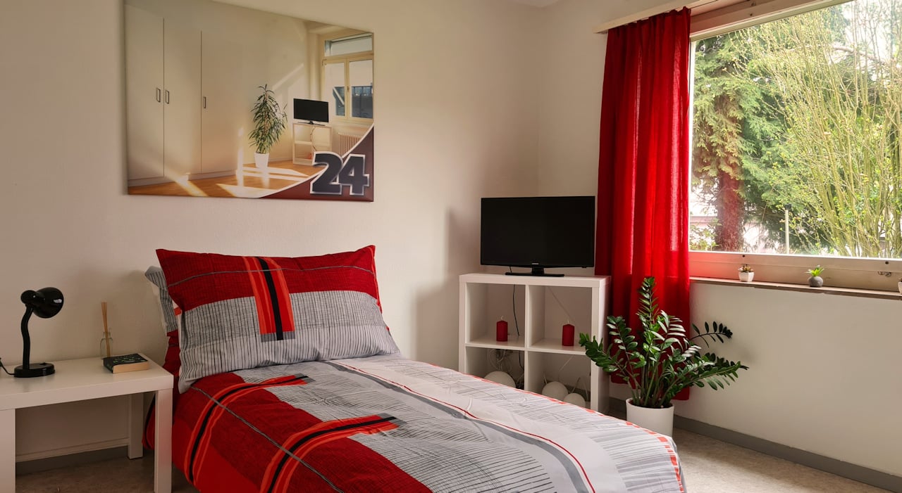 Spacious bedroom with large windows, red and gray patterned bedding, white furniture including a dresser and shelving unit, and a TV mounted on the wall. There is also a potted plant in the room.