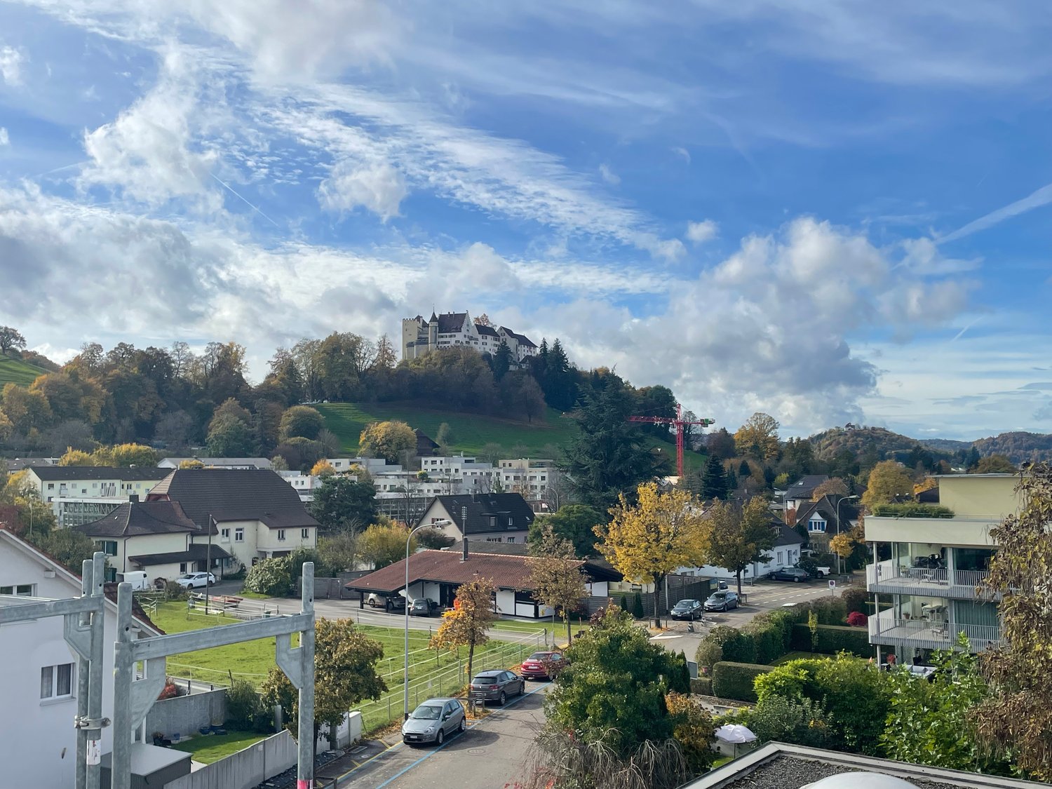 view of neighborhood with houses, castle on the hill, road, cars parked, greenery