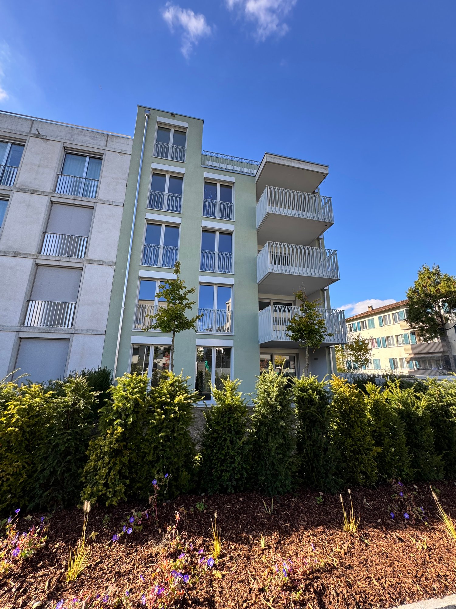 modern apartment building, balconies, glass windows, shrubs, clear sky