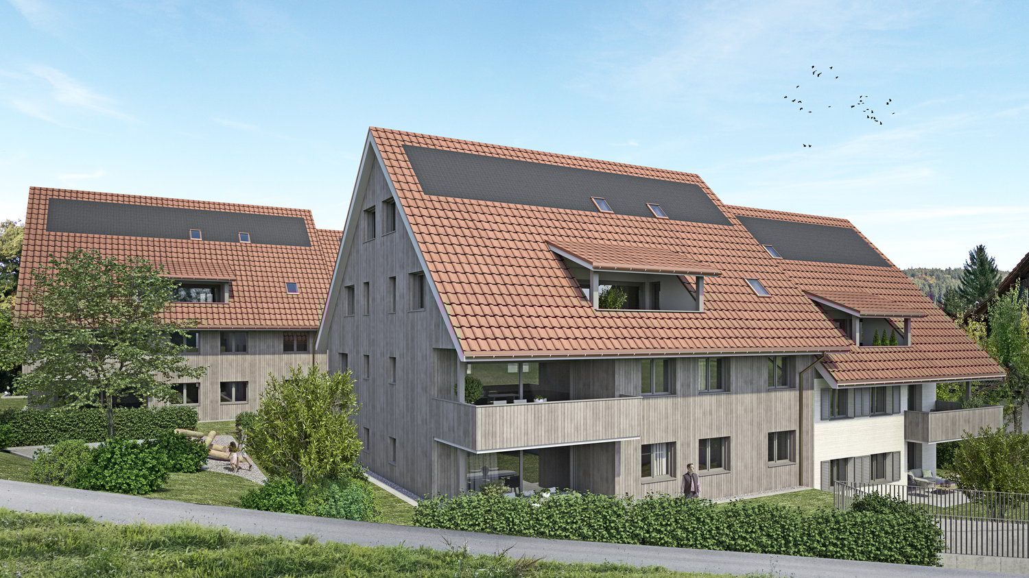 residential apartment building, raised ground floor, solar panels on roof, green vegetation around