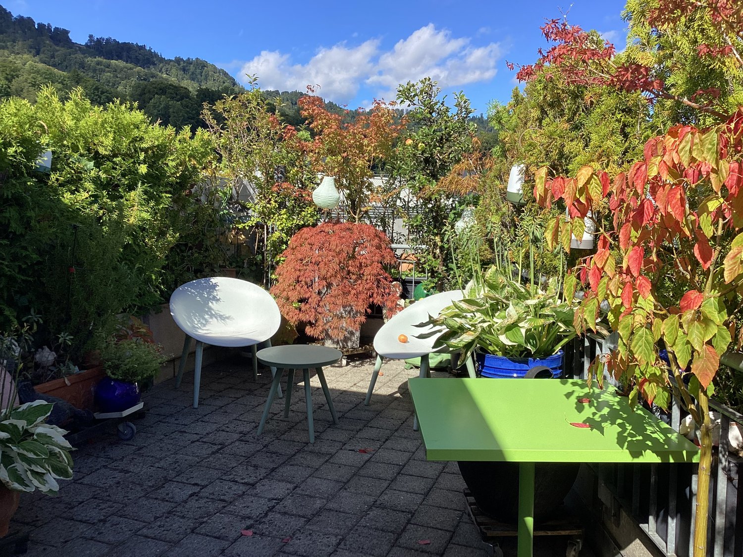 Outdoor seating area with white chairs, green table, and potted plants surrounded by greenery and a distant mountain view