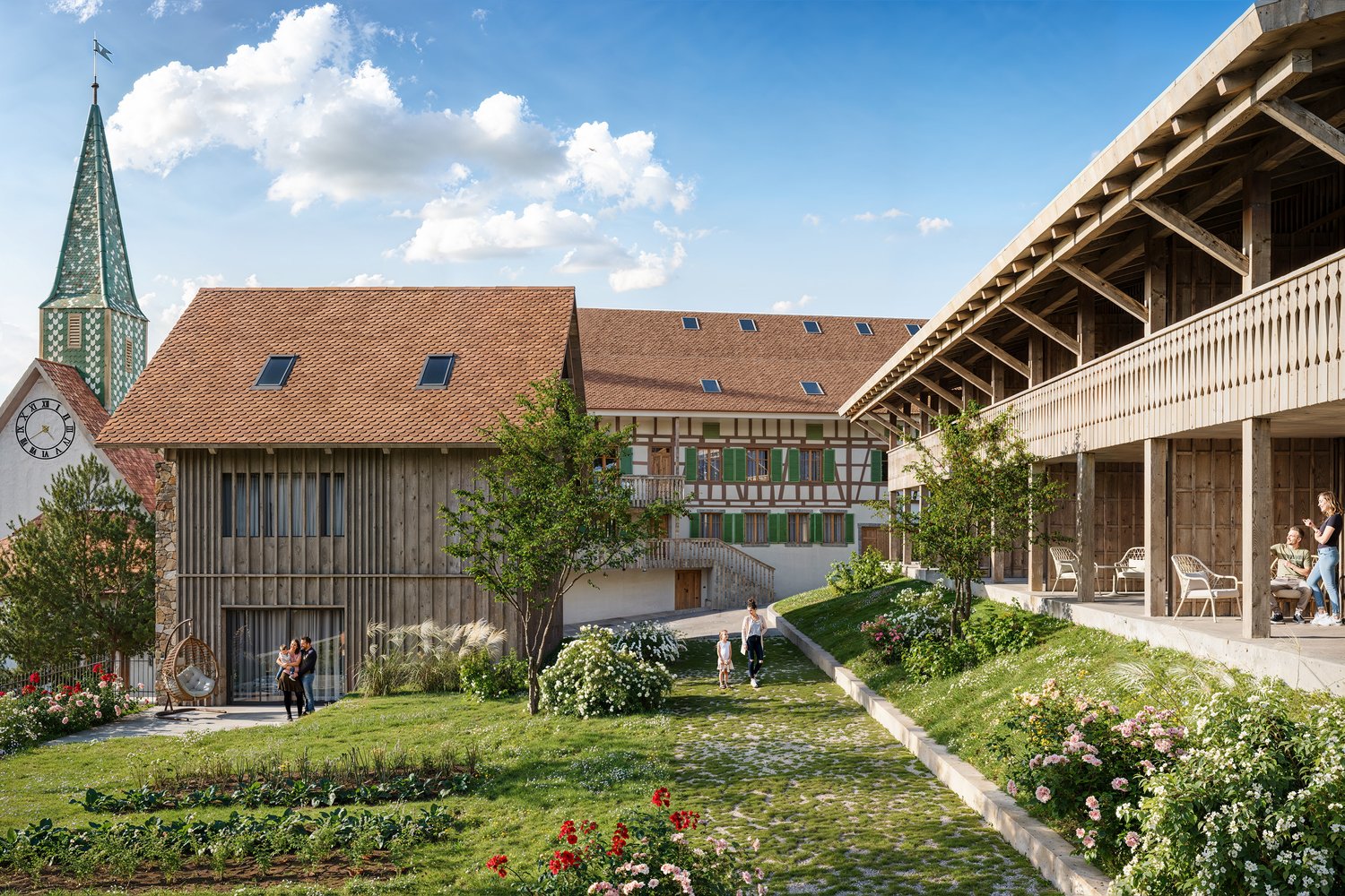 Two houses with red roofs, one with a spire, wooden facades, green shutters, surrounded by a garden with various flowers and a steep slope, a walkway, and a hanging swing.