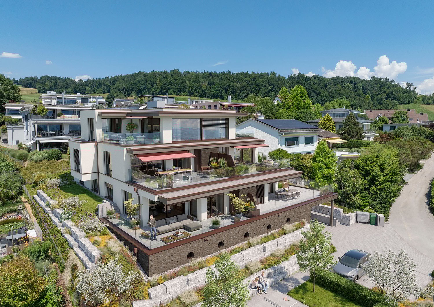 Two-story elevated house, modern architecture, terraced design, multiple balconies, landscaped garden, solar panels