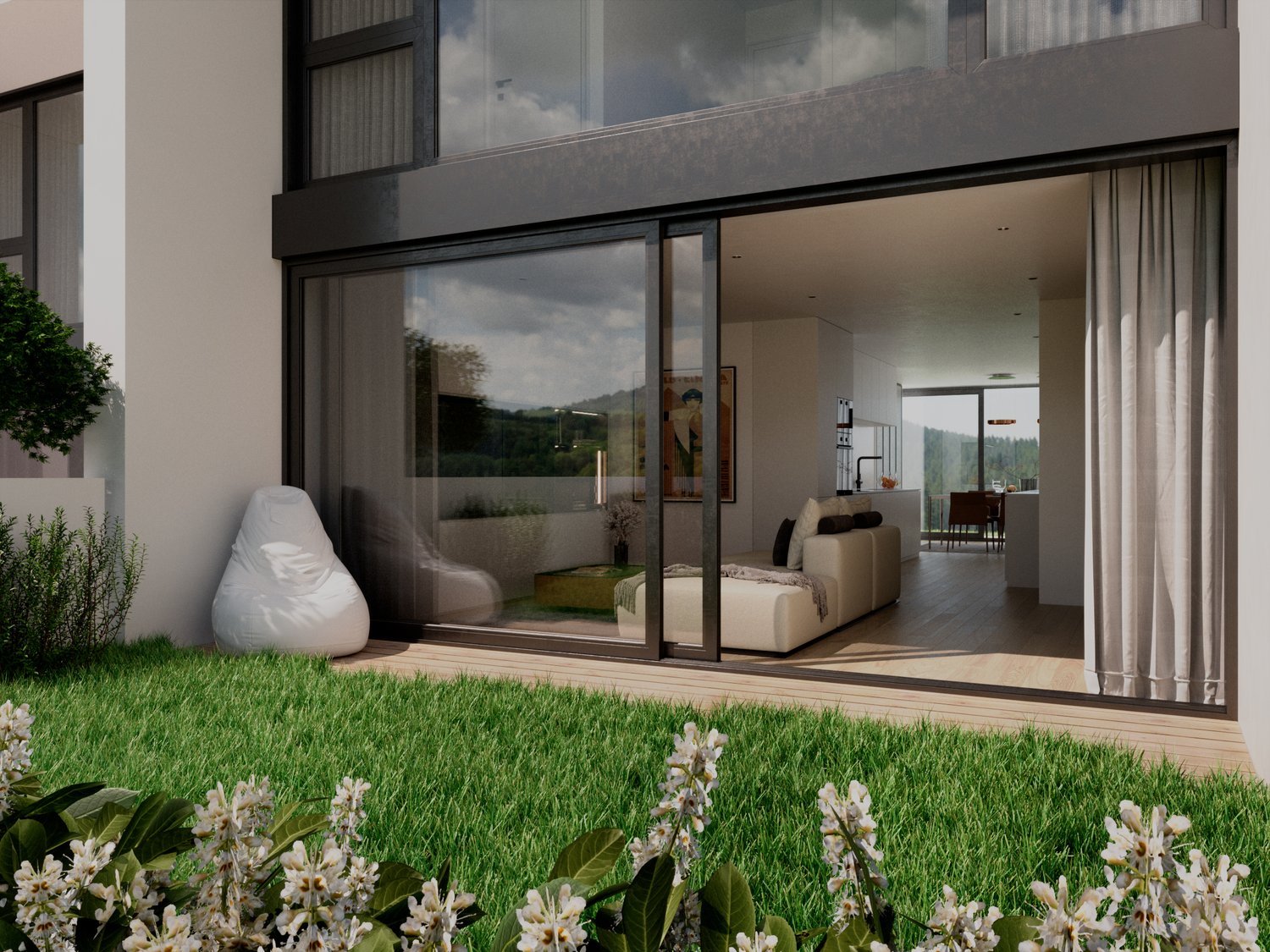 Modern minimalist house, glass walls and doors, open-plan living area, view to the outdoors