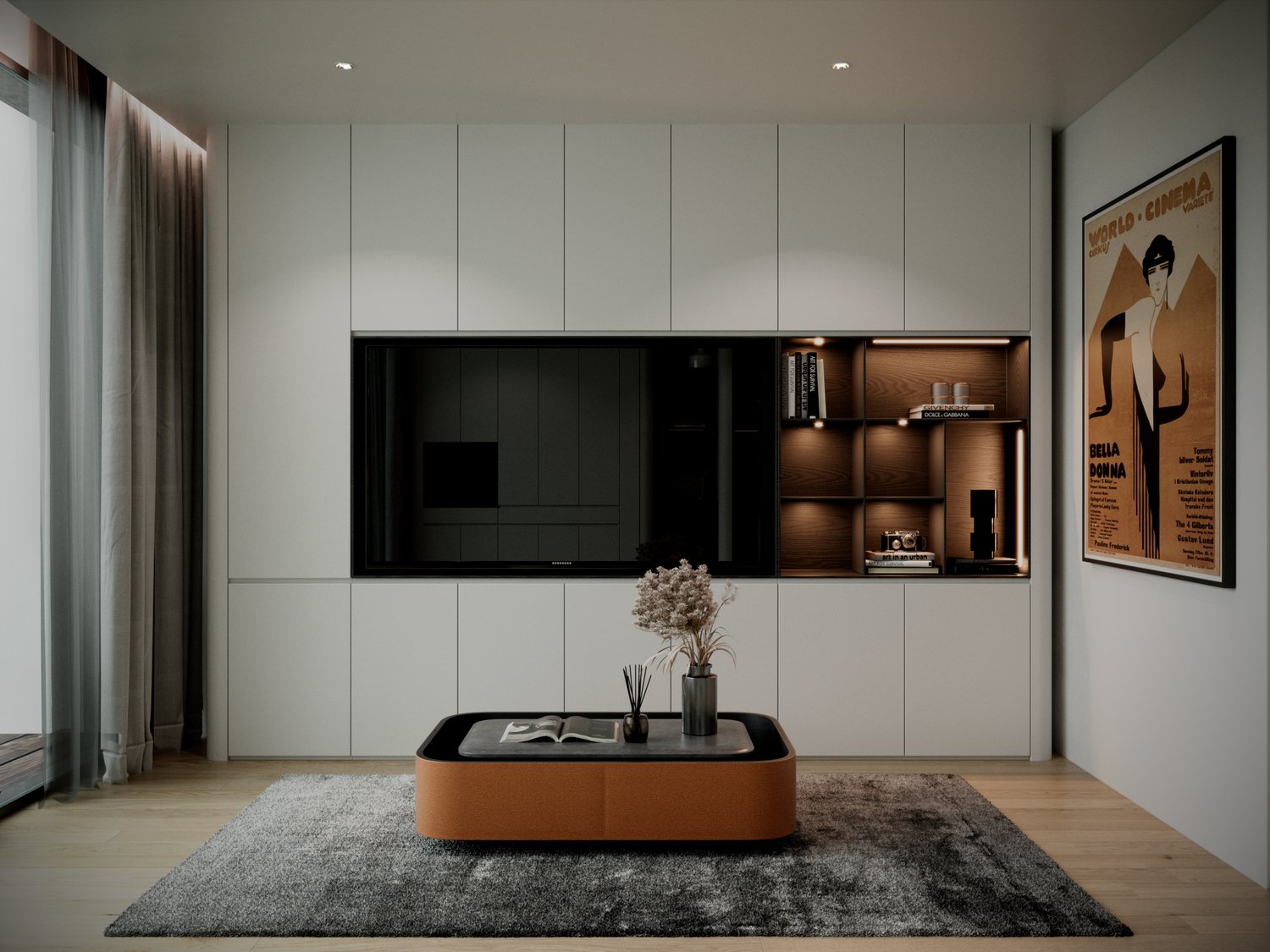 White cabinetry, gray carpet, brown coffee table, large flatscreen TV, picture frame, floor-to-ceiling glass window