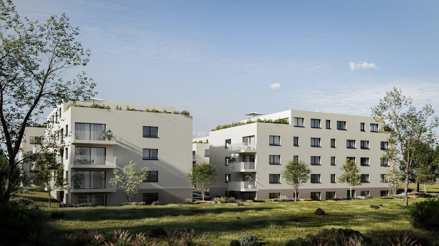 White multi-story apartment building with balconies and a garden in front