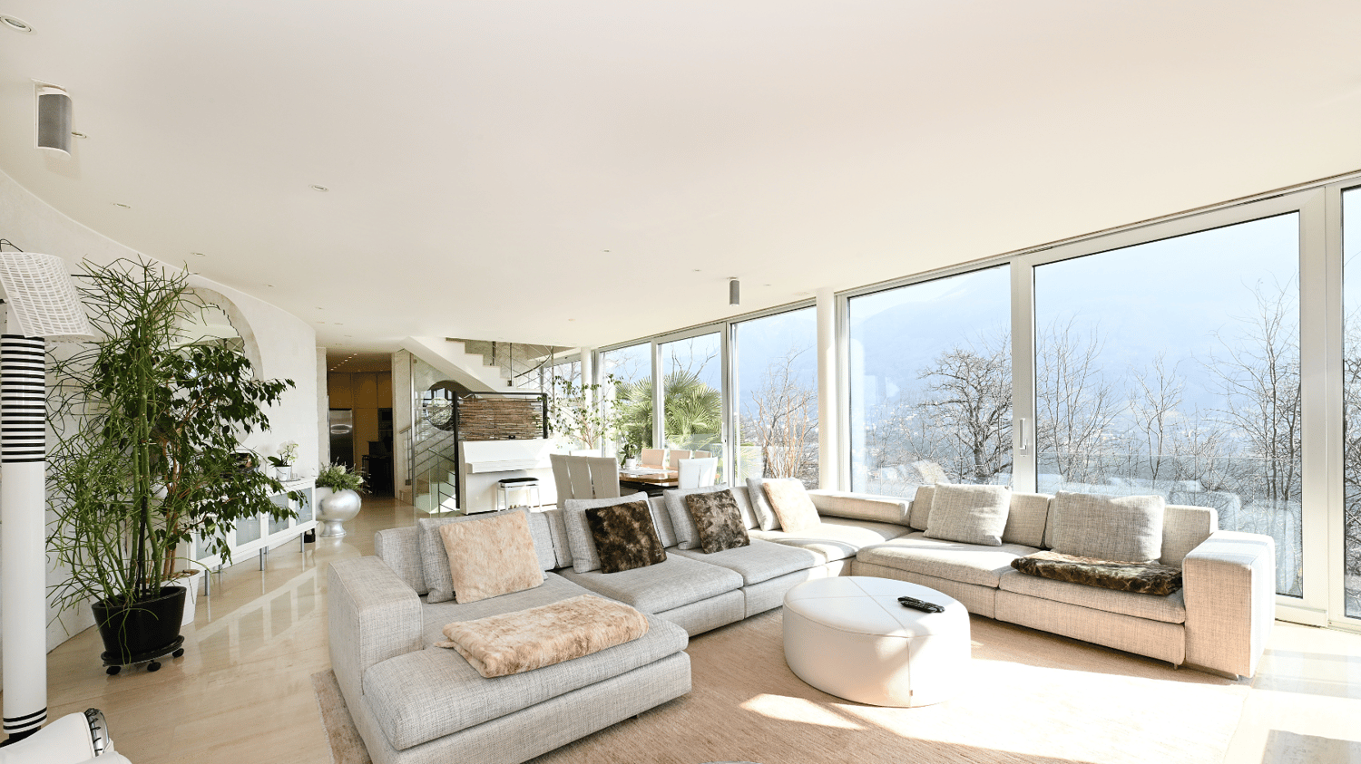 Large sofa, central table, decorative plants, glass windows, wooden floor, white walls, chandeliers