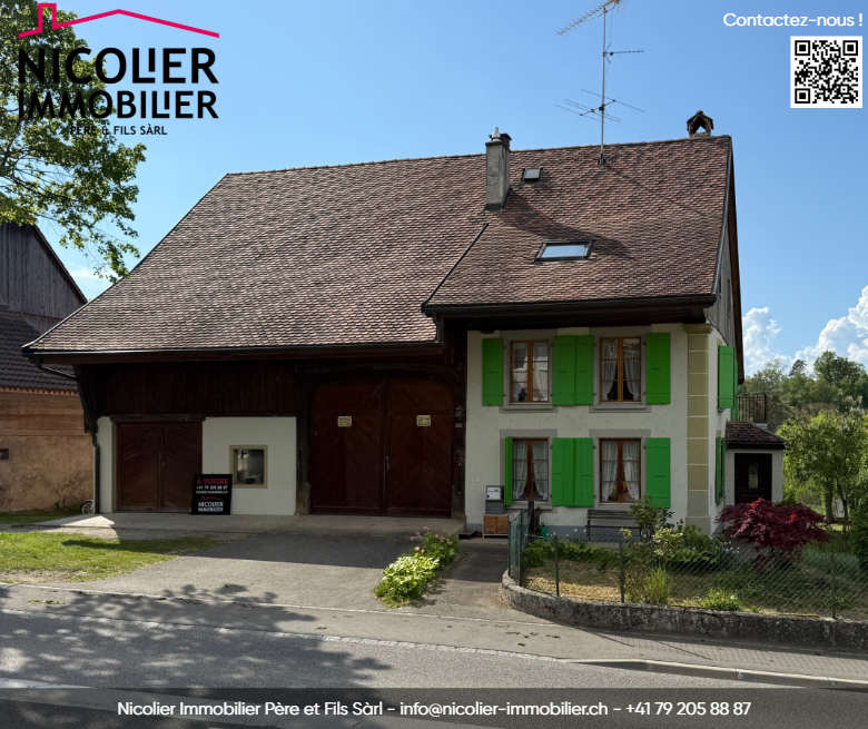 Single-family house, tiled roof, green shutters, white walls, double garage, chimney, garden, satellite dish