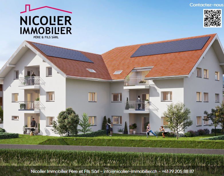 A newly built building with solar panels, white exterior, orange roofs, balconies, multiple windows, people walking and grilling outside.
