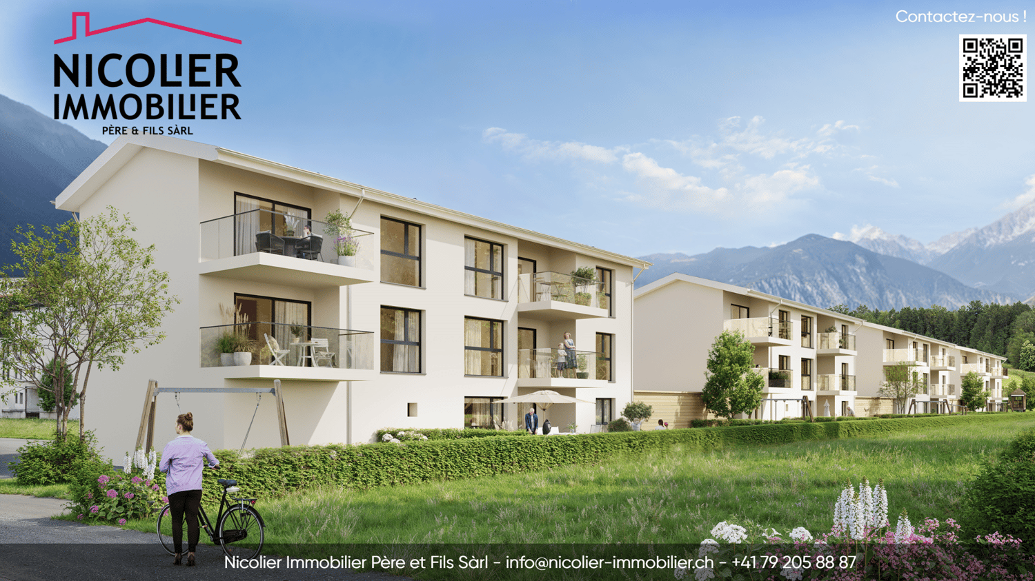 Apartments with balcony and parking, nestled between mountains and lush green valley.