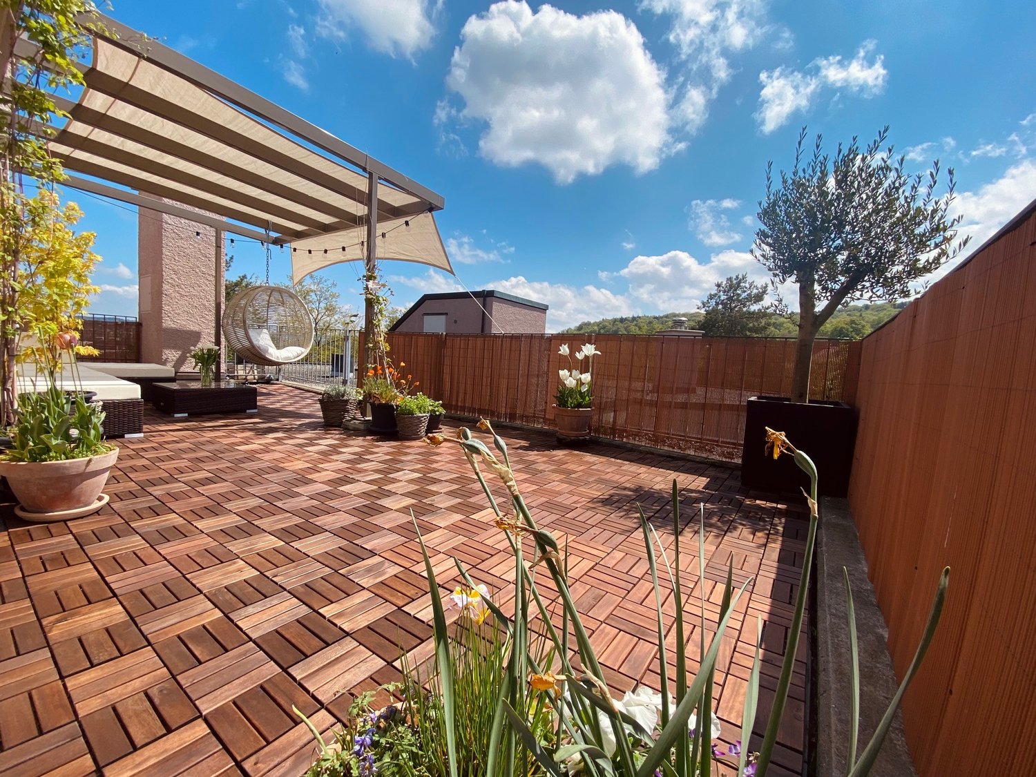 Wooden decking, pergola, hanging swing, potted plants, bamboo fence, trees