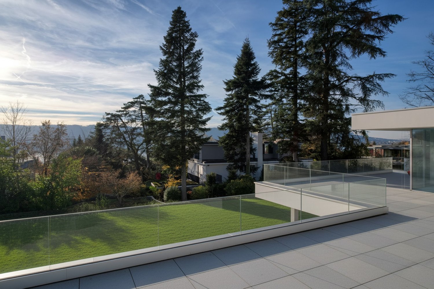 Terrace with glass railing, lush greenery, trees, panoramic view of the mountains and valley