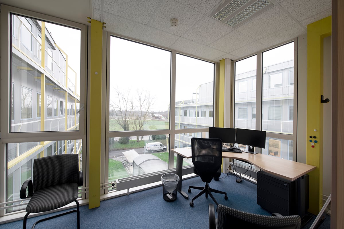 Spacious office with large windows providing a view of the outdoor scenery, including trees and buildings. The office is furnished with a desk, computer, and office chairs. The walls are painted in a light color scheme, and the floor is covered with blue