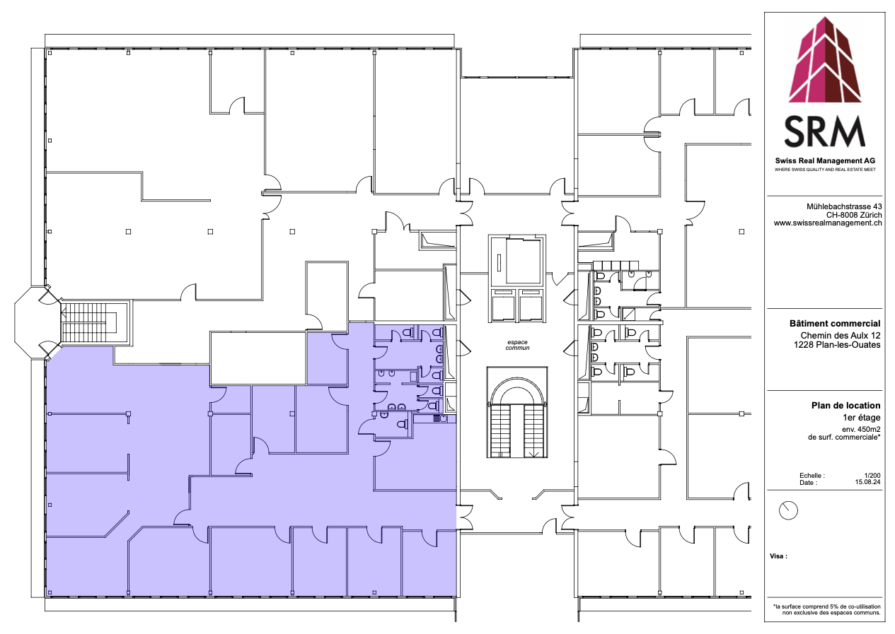The floor plan shows a commercial building with multiple rooms and spaces. It includes a common area, several offices, and a parking area.